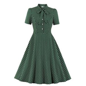 Retro Stand Collar Tie Bow Short Sleeve Polka Dots Print High Waist Swing Dress N20955