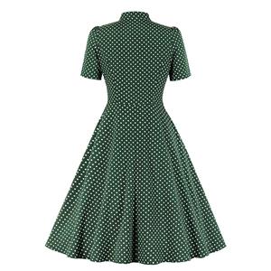 Retro Stand Collar Tie Bow Short Sleeve Polka Dots Print High Waist Swing Dress N20955