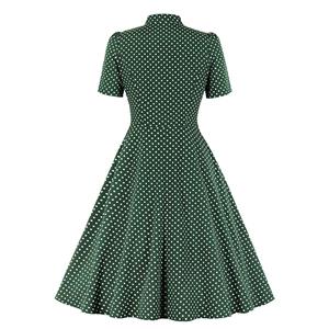 Retro Stand Collar Tie Bow Short Sleeve Polka Dots Print High Waist Swing Dress N20955