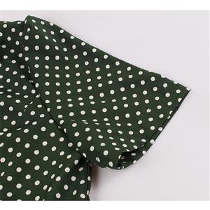 Retro Stand Collar Tie Bow Short Sleeve Polka Dots Print High Waist Swing Dress N20955