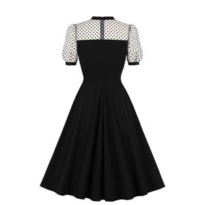 Vintage Sheer Mesh Polka Dots Patchwork Heart-shaped Bodice High Waist A-line Dress N21346