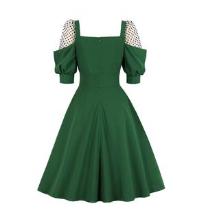 Vintage Green Square Collar Sheer Mesh Dots Lantern Sleeve High Waist A-line Dress N21352
