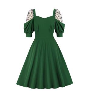 Vintage Green Square Collar Sheer Mesh Dots Lantern Sleeve High Waist A-line Dress N21352