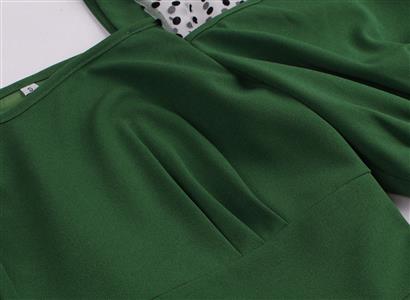 Vintage Green Square Collar Sheer Mesh Dots Lantern Sleeve High Waist A-line Dress N21352