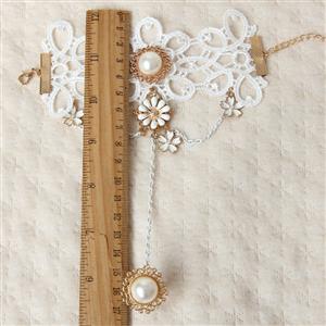 Retro White Lace Wristband Gem Embellished Bracelet with Ring J18060