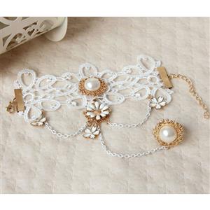 Retro White Lace Wristband Gem Embellished Bracelet with Ring J18060