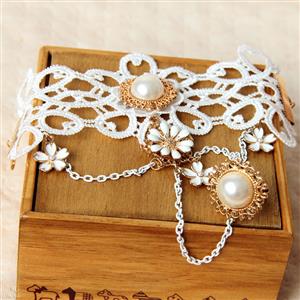 Retro White Lace Wristband Gem Embellished Bracelet with Ring J18060