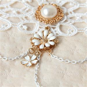 Retro White Lace Wristband Gem Embellished Bracelet with Ring J18060