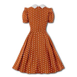 Retro Lapel Lacing Short Sleeve Polka Dots Print Summer Daily A-line Swing Dress N22253