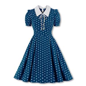 Sexy A-line Swing Dress, Retro Polka Dots Print Dresses for Women, Vintage Dresses 1950's, Plus Size Summer Dress, Vintage High Waist Dress for Women, Lapel Swing Dresses for Women, Vintage High Waist Dresses for Women, #N22254