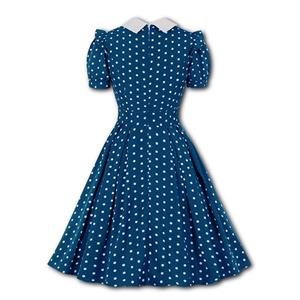 Retro Lapel Lacing Short Sleeve Polka Dots Print Summer Daily A-line Swing Dress N22254