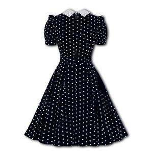 Retro Lapel Lacing Short Sleeve Polka Dots Print Summer Daily A-line Swing Dress N22255