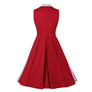 Vintage Lapel Front Button Contrast Color Sleeveless High Waist Cocktail Party Swing Dress N21747