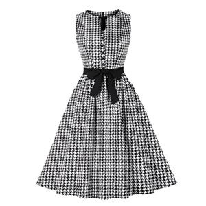 Vintage V Neckline Button Bodice Houndstooth Sleeveless Belted Cocktail Party Midi Dress N21748