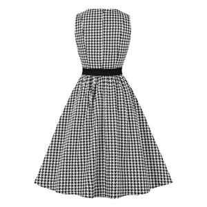 Vintage V Neckline Button Bodice Houndstooth Sleeveless Belted Cocktail Party Midi Dress N21748