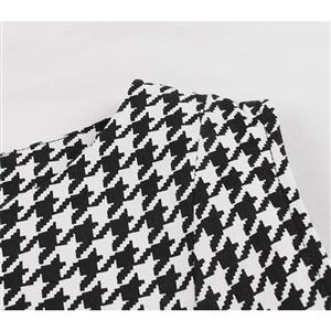 Vintage V Neckline Button Bodice Houndstooth Sleeveless Belted Cocktail Party Midi Dress N21748