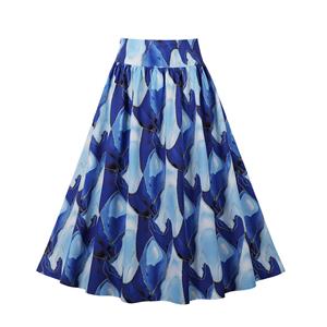 Retro Multi Blue High Waisted  A-line Ruffle Hem Skirt N22841