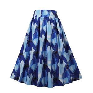 Retro Multi Blue High Waisted  A-line Ruffle Hem Skirt N22841