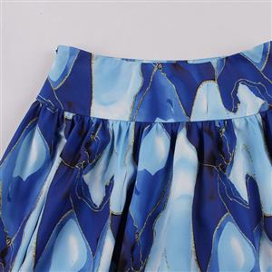 Retro Multi Blue High Waisted  A-line Ruffle Hem Skirt N22841