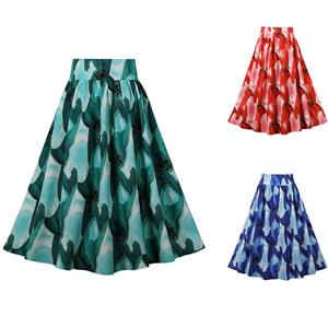 Retro Multi Blue High Waisted  A-line Ruffle Hem Skirt N22841