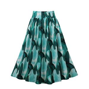 Retro Multi Green High Waisted  A-line Ruffle Hem Skirt N22839