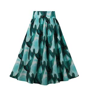 Retro Multi Green High Waisted  A-line Ruffle Hem Skirt N22839