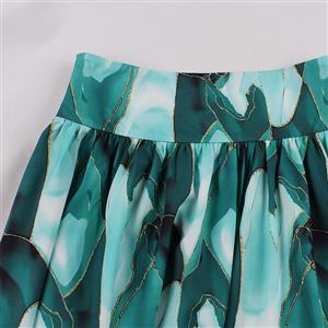 Retro Multi Green High Waisted  A-line Ruffle Hem Skirt N22839