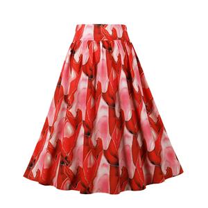 Retro Multi Red High Waisted  A-line Ruffle Hem Skirt N22840