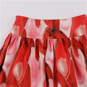 Retro Multi Red High Waisted  A-line Ruffle Hem Skirt N22840