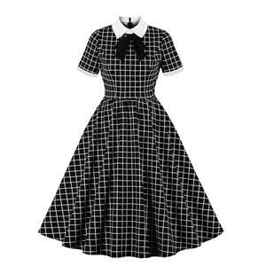 Retro Lapel Tie Short Sleeve Plaid Print Party A-line Swing Dress N20963