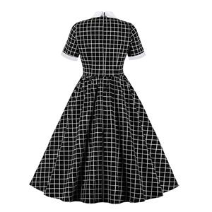 Retro Lapel Tie Short Sleeve Plaid Print Party A-line Swing Dress N20963