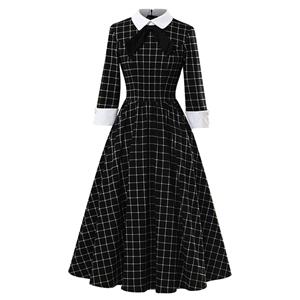 Retro Lapel Tie Half Sleeve Plaid Print Party A-line Swing Dress N20964