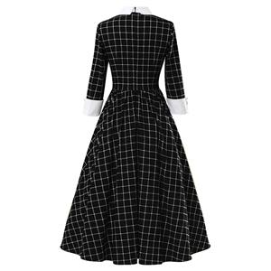 Retro Lapel Tie Half Sleeve Plaid Print Party A-line Swing Dress N20964