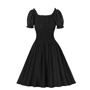 Vintage Black Boat Neck Elastic Waist Petal Sleeve Cocktail Party Midi Dress N23008