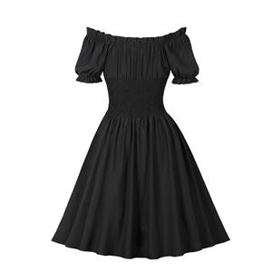 Vintage Black Boat Neck Elastic Waist Petal Sleeve Cocktail Party Midi Dress N23008