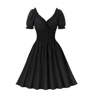 Vintage Black Boat Neck Elastic Waist Petal Sleeve Cocktail Party Midi Dress N23008