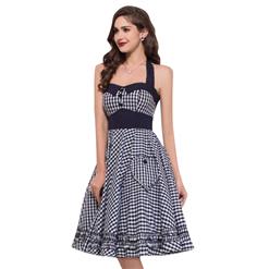 Vintage Plaid Halterneck Ruffled High Waist Midi Flare Dress N18688