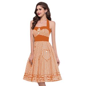 Vintage Plaid Halterneck Ruffled High Waist Midi Flare Dress N18689