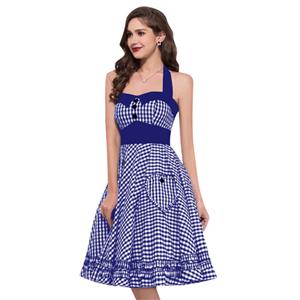 Vintage Plaid Halterneck Ruffled High Waist Midi Flare Dress N18691