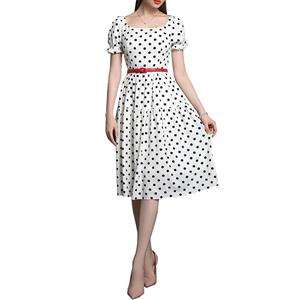 Vintage Polka Dots Square Neckline Puff Sleeve High Waist Cocktail Party Midi Dress with Belt N21731