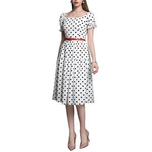Vintage Polka Dots Square Neckline Puff Sleeve High Waist Cocktail Party Midi Dress with Belt N21731