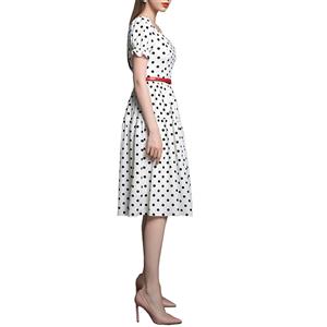 Vintage Polka Dots Square Neckline Puff Sleeve High Waist Cocktail Party Midi Dress with Belt N21731