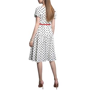 Vintage Polka Dots Square Neckline Puff Sleeve High Waist Cocktail Party Midi Dress with Belt N21731