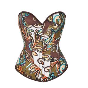 Retro Print Busk Closure Plastic Boned Body Shaper Overbust Corset N20917