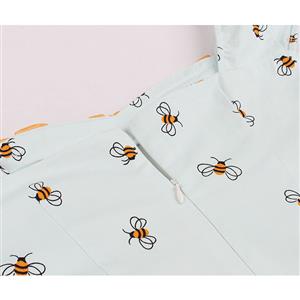 Vintage White Bees Print Wide Straps Heart Bust Line Sleeveless High Waist Swing Dress N18648