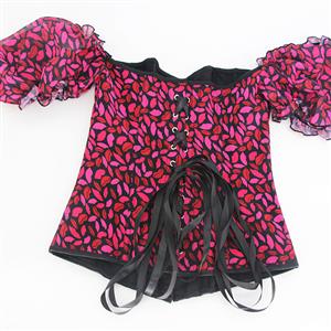 Retro Red Lip Print 12 Plastic Boned Ruffled Puff Sleeves Sexy Body Shaper Overbust Corset N23366