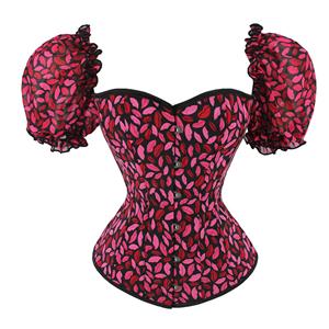 Retro Red Lip Print 12 Plastic Boned Ruffled Puff Sleeves Sexy Body Shaper Overbust Corset N23366