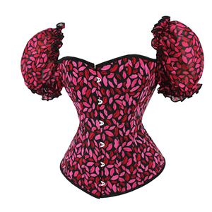 Retro Red Lip Print 12 Plastic Boned Ruffled Puff Sleeves Sexy Body Shaper Overbust Corset N23366