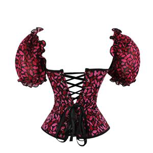 Retro Red Lip Print 12 Plastic Boned Ruffled Puff Sleeves Sexy Body Shaper Overbust Corset N23366