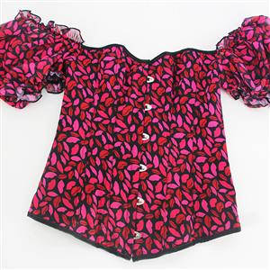 Retro Red Lip Print 12 Plastic Boned Ruffled Puff Sleeves Sexy Body Shaper Overbust Corset N23366